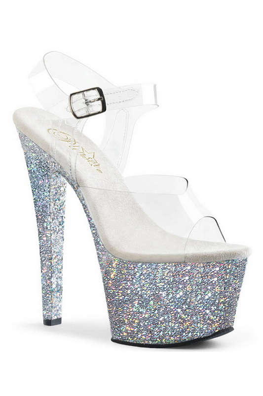 Silver Multi Glitter Ankle Strap 7" Heels