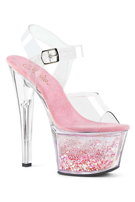 7" Heel Baby Pink Glittered Platform Ankle Strap Sandals