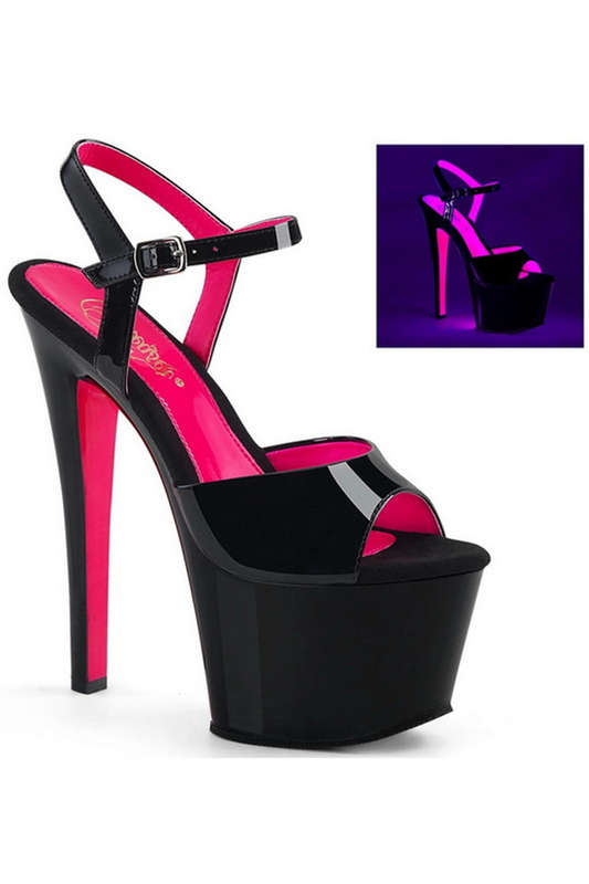 7" Heel Black & Neon Hot Pink UV Ankle Strap Sandals