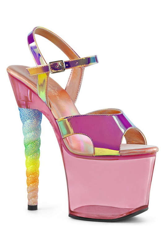 7" Unicorn Heel Pink Shifting TPU Ankle Strap Sandals
