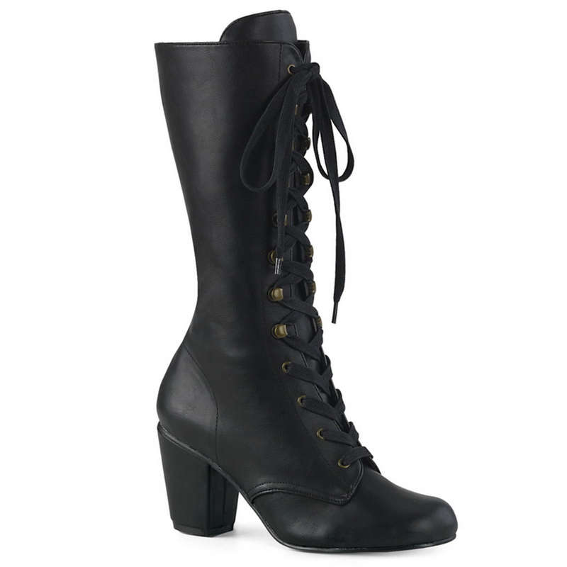 3" Block Heel Black Vegan Leather Mid-Calf Boots