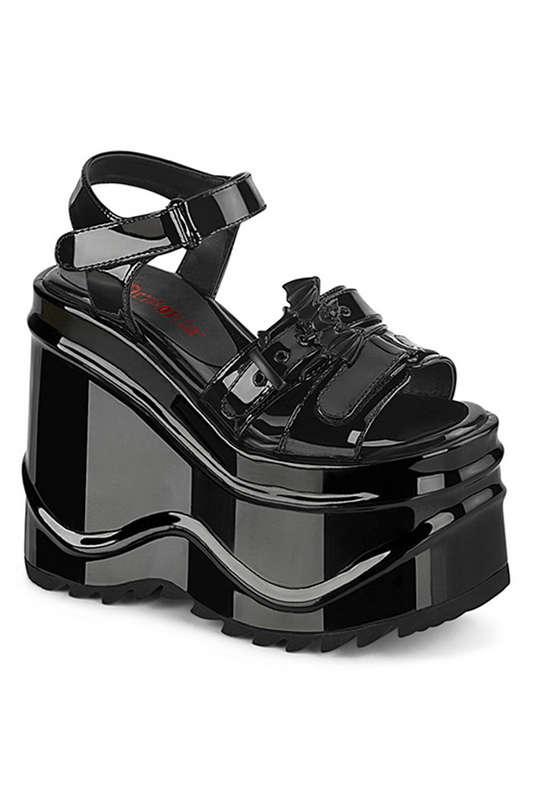 6" Wedge Platform Black Patent Ankle Strap Sandals