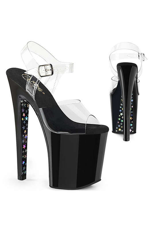 8" Heel Black & Silver Holographic Stars Ankle Strap Sandals