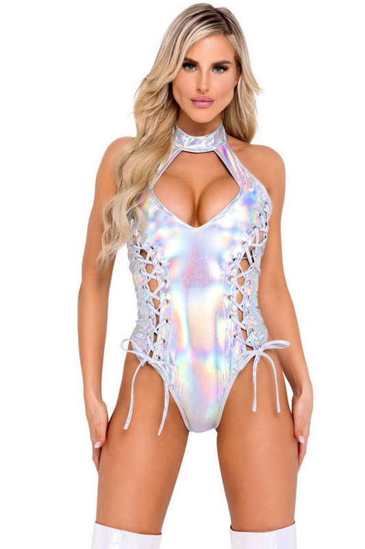 Holographic Silver Halter Romper Teddy