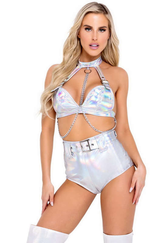 Silver Holographic Vinyl Buckle Top