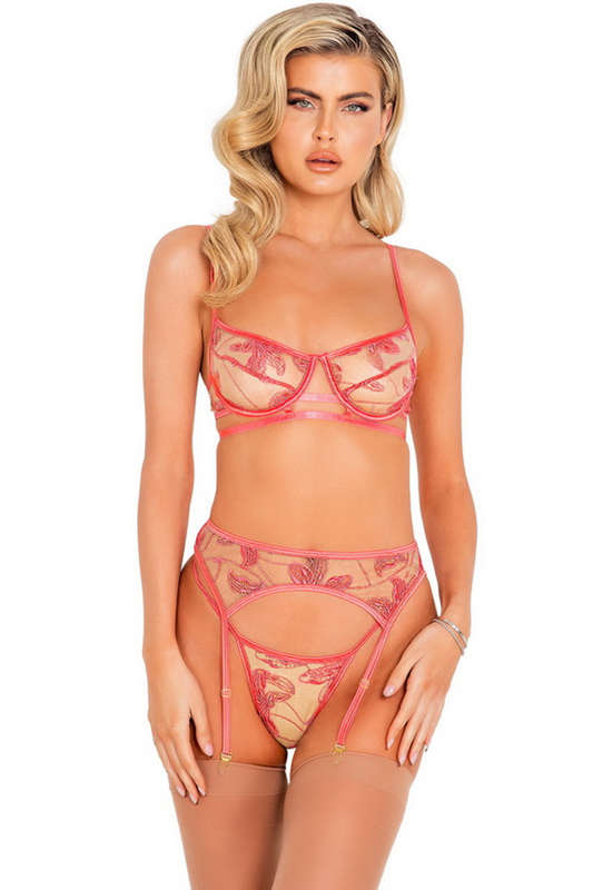 Pink Floral Embroidery Bra, Garterbelt & G-String Set