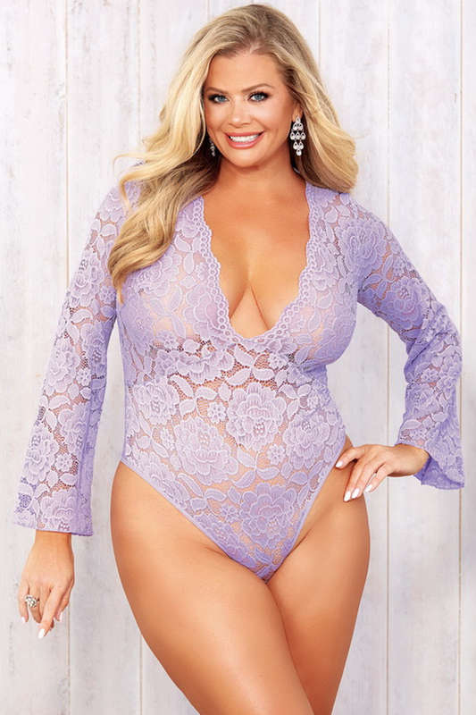 Plus Size Gorgeous Lavender Lace Bodysuit Lingerie Teddy