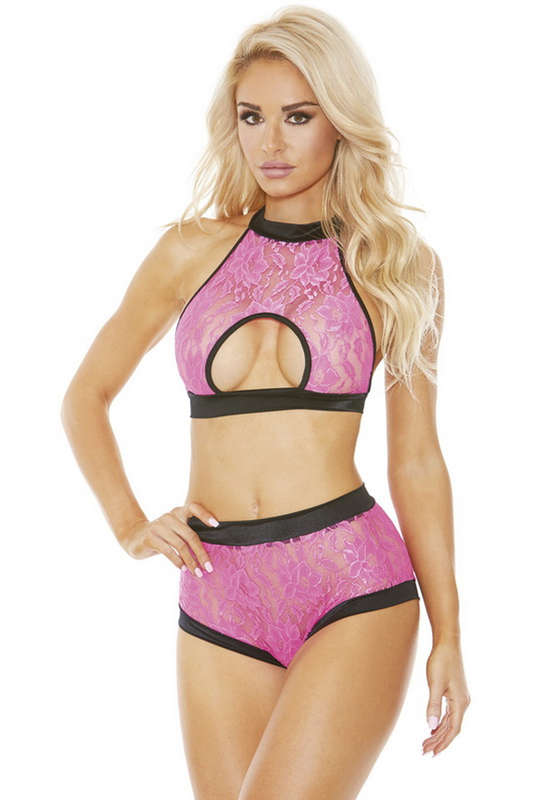 Neon Pink Hibiscus Lace Top & Panty