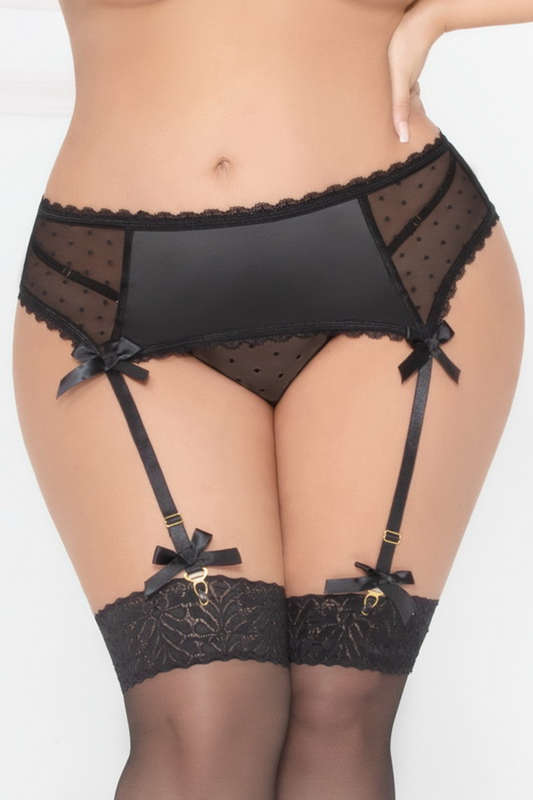 Plus Size Black Dot Mesh Garterbelt Set