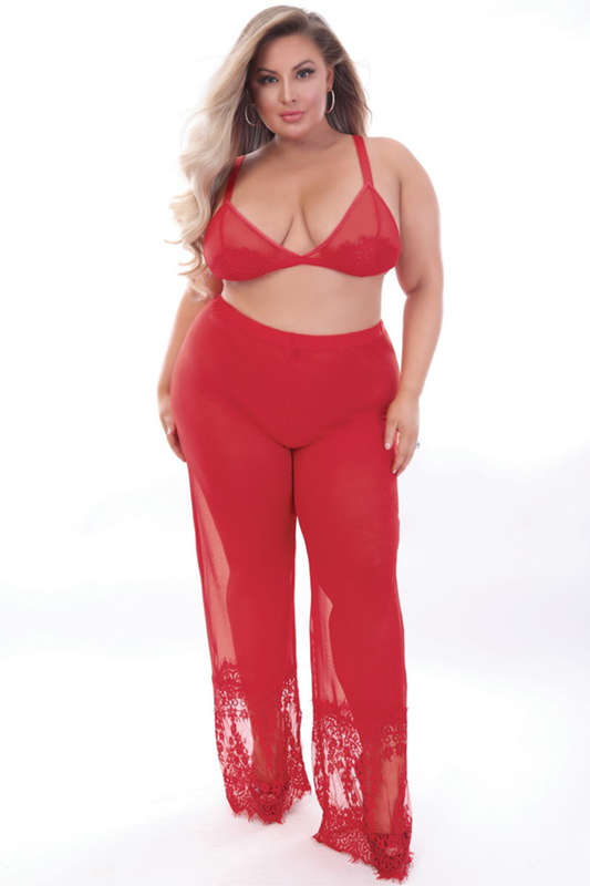 Plus Size Sweet Dreams Red Eyelash Lace & Mesh Pant Set