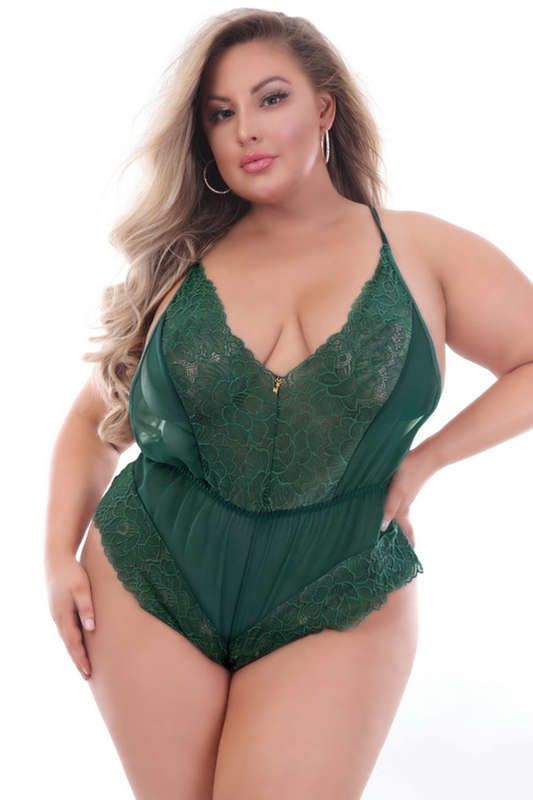 Plus Size Delicate Play Green Chiffon & Lace Romper