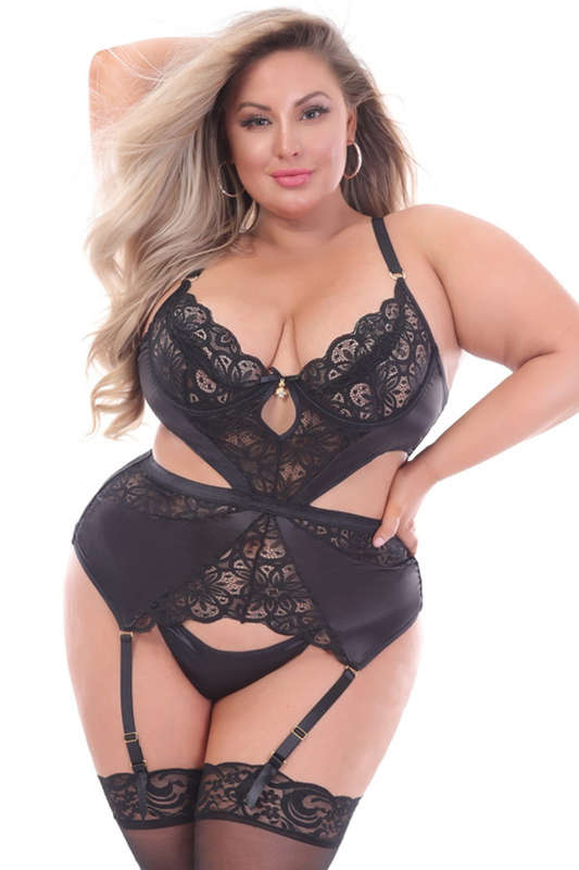 Plus Size Romantic Nights Black Satin & Lace Bustier