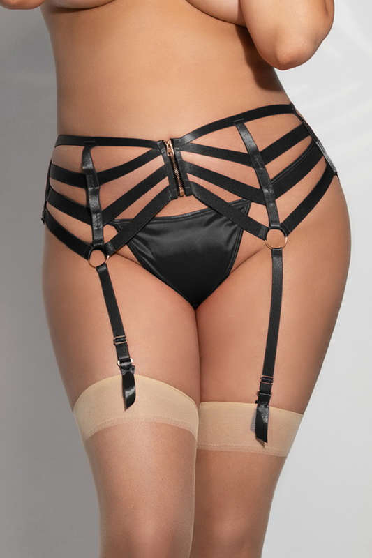 Plus Size Black Strappy Front Zipper Garterbelt