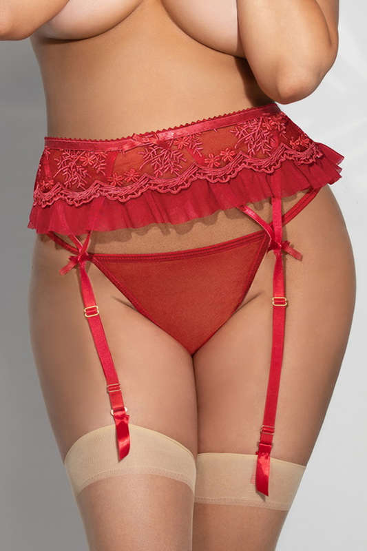 Plus Size Red Embroidered Garterbelt Set