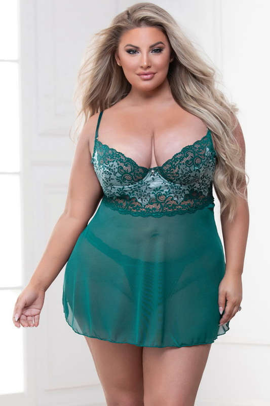 Plus Size Green Champagne Wishes Babydoll Lingerie Set