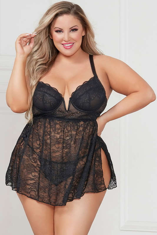 Plus Size Black Tell Me A Lie Underwire Lace Lingerie Babydoll