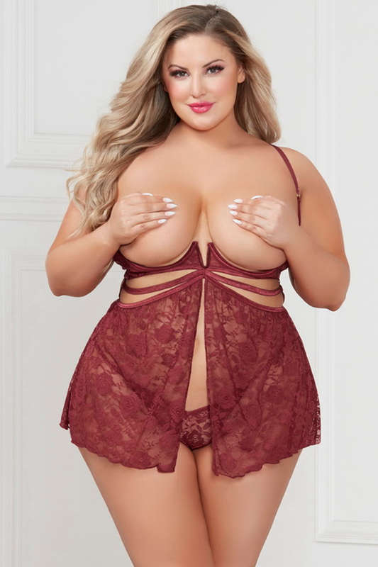Plus Size Wine More Than Friends Cupless Lingerie Babydoll & G-String