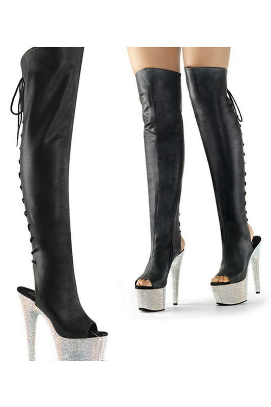 7" Heel Faux Leather Rhinestone Platform Over The Knee Boots