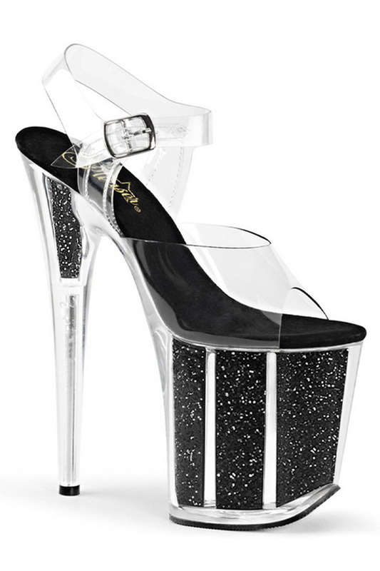 8" Heel Black Glitter Platform Ankle Strap Sandals