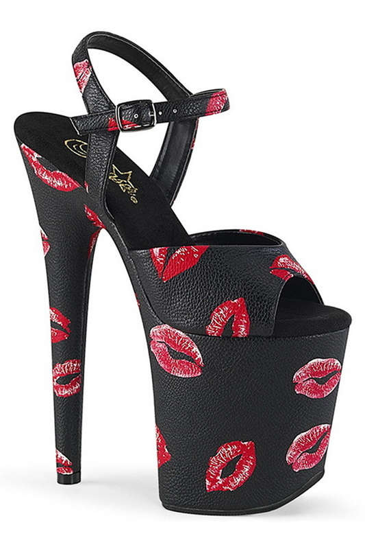 8" Heel Black Faux Leather Lip Print Ankle Strap Sandals