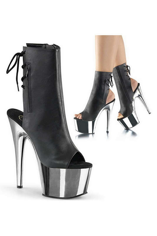 7" Heel Black Faux Leather & Silver Chrome Platform Ankle Boots