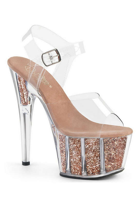 7" Heel Rose Gold Glitter Ankle Strap Sandals