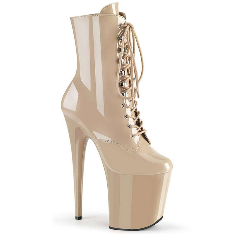 8" Heel Nude Patent Lace-Up Front Ankle Boots