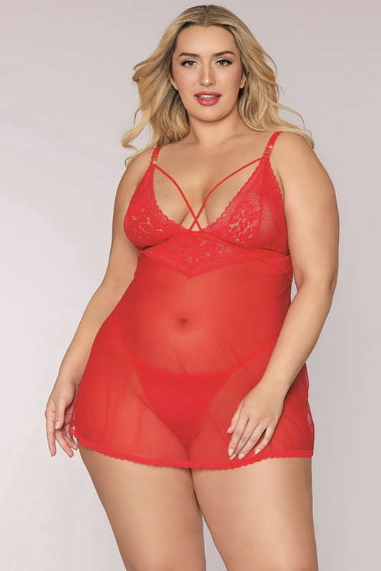 Plus Size Lipstick Red Lace & Mesh Lingerie Chemise