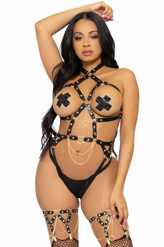 Black Vegan Leather Harness Lingerie Teddy