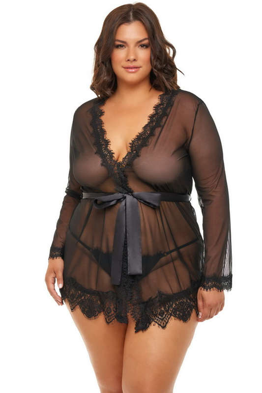 Plus Size Black Provence Mesh Robe