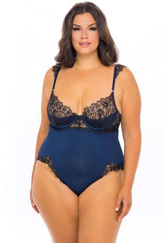 Plus Size Estate Blue Lace & Jersey Knit Lingerie Teddy