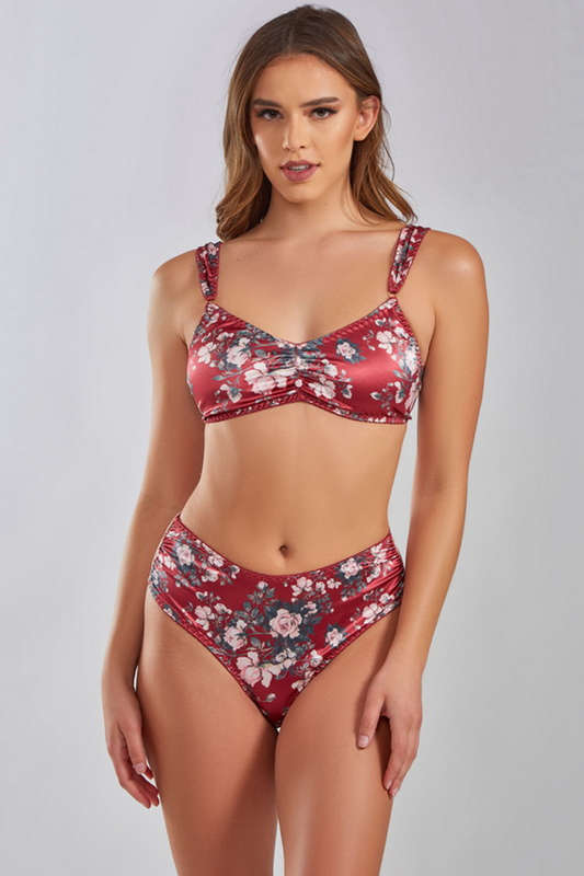 Red & Nude Floral Satin Bra Set
