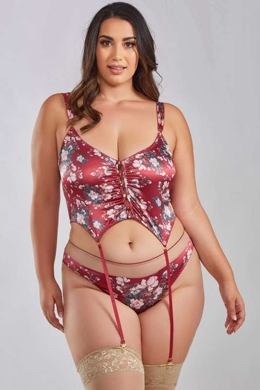 Plus Size Red & Nude Floral Satin Bustier