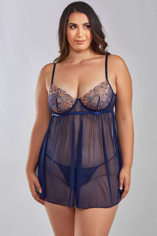 Plus Size Jennie Navy Mesh Lingerie Babydoll