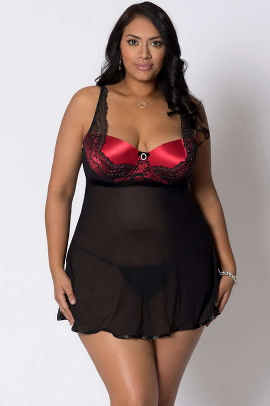 Plus Size Red & Black Please Me Lingerie Babydoll & Thong Set