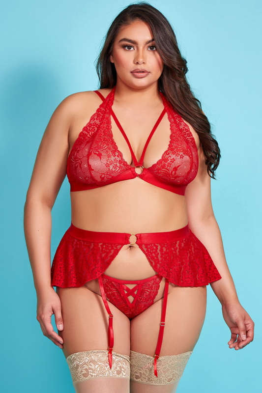 Plus Size Red Mercedes Lace Bra & Garter Skirt
