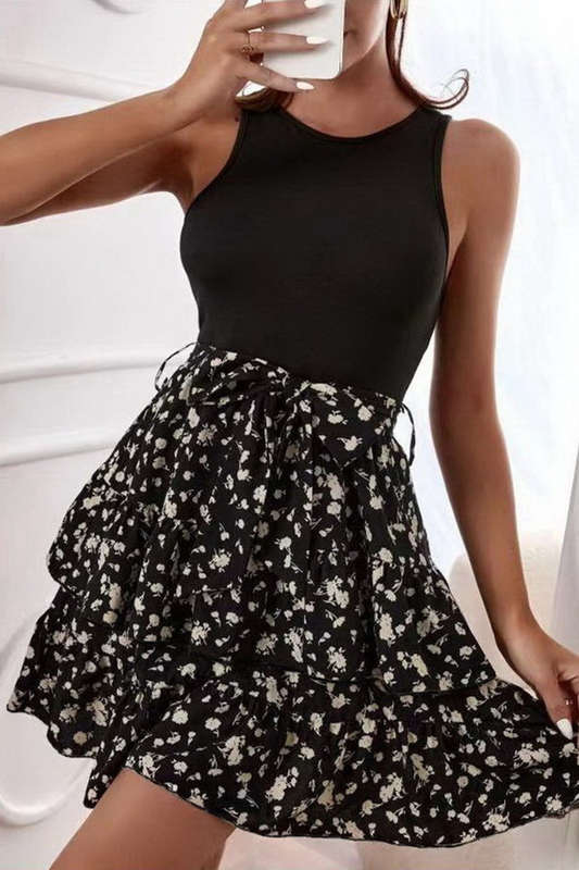 Black & Floral Tiered Summer Dress