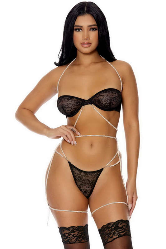 Black Lace & Pearls Bra Set