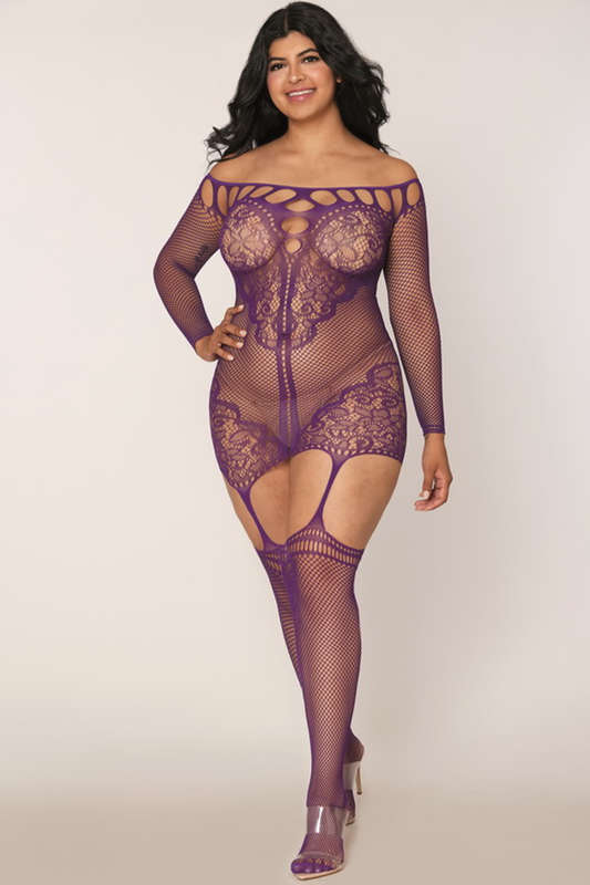 Plus Size Purple Fishnet Garter Dress Bodystocking