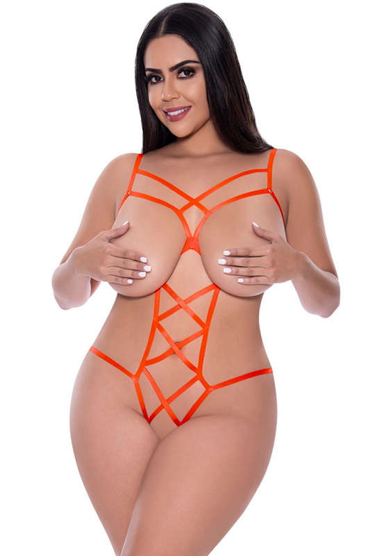 Plus Size Orange Strap Tease Cupless & Crotchless Lingerie Teddy