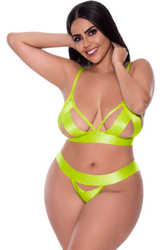 Plus Size Yellow Strap Tease Bra & Crotchless Panty