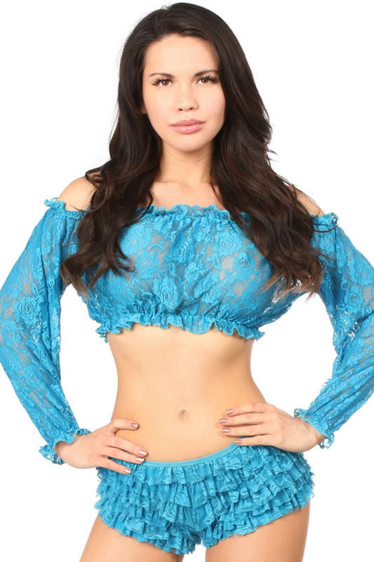 Plus Size Teal Sheer Lace Long Sleeve Peasant Top