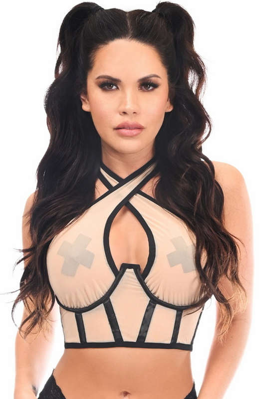 Plus Size Lavish Nude Sheer Mesh Halter Bustier