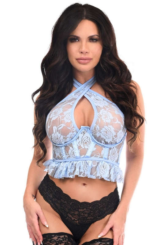 Plus Size Lavish Light Blue Sheer Lace Haler Bustier