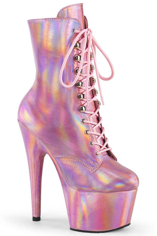 7" Baby Pink Holo Lace Up Platform Ankle Boots
