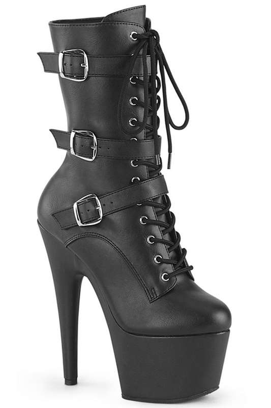 7" Black Faux Leather Lace Up & Buckles Ankle Boots