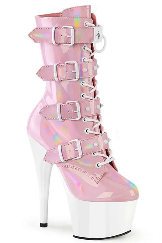 7" Heel Baby Pink Holo & White Buckled & Lace Up Ankle Boots