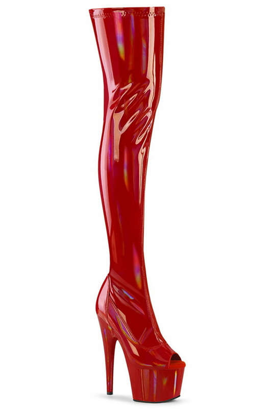 7" Heel Red Stretch Holo Peep Toe Stretch Thigh High Boots
