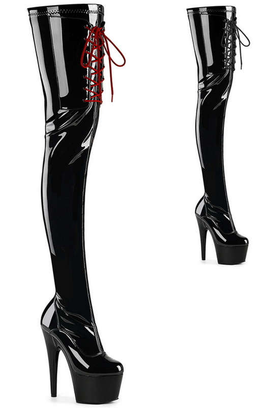 7" Heel High Thigh Black Stretch Pat Boots & Interchangeable Laces