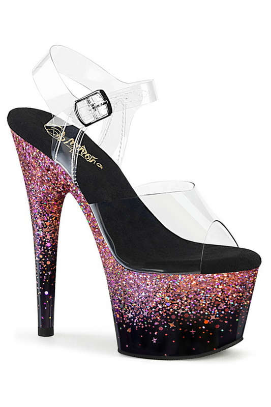 7" Heel Black & Pink Holographic Gradient Ankle Strap Sandals